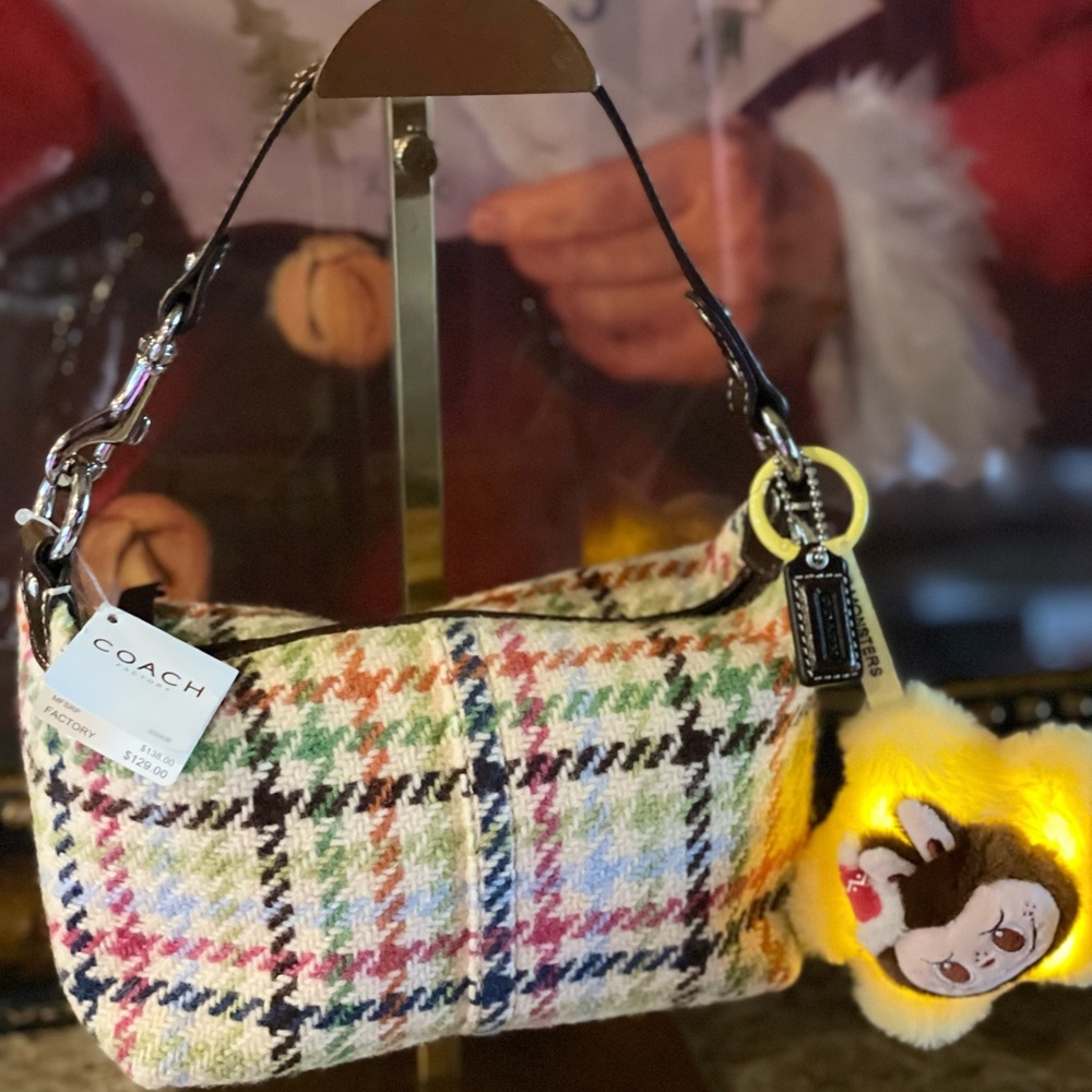 COACH NWT Hampton Tattersall Top Handle Pouchette Mini Bag W/NWOT Labubu Charm